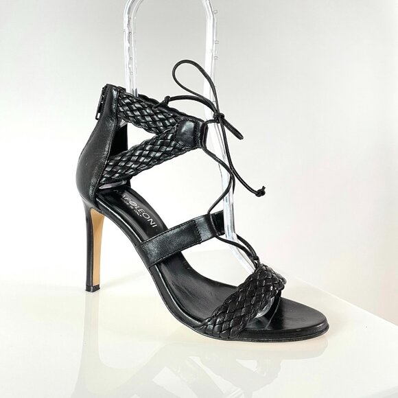 NEW! Napoleoni Made in Italy Black Leather Lace-Up Sandals w Braided Detail - Picture 1 of 14